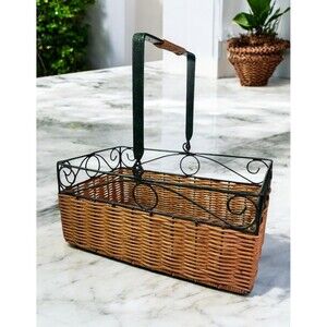Vintage Metal Wicker Basket Caddy And Handle w/Scroll Design Green Brown